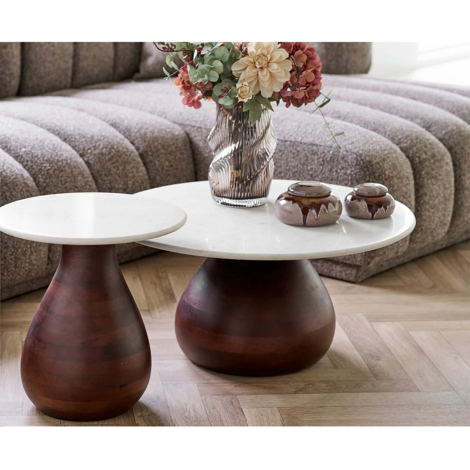 Heide Klupski stolić - Klupski stolić, mangovo drvo/mramor, tamnosmeđa/bijela ø70x35 cm