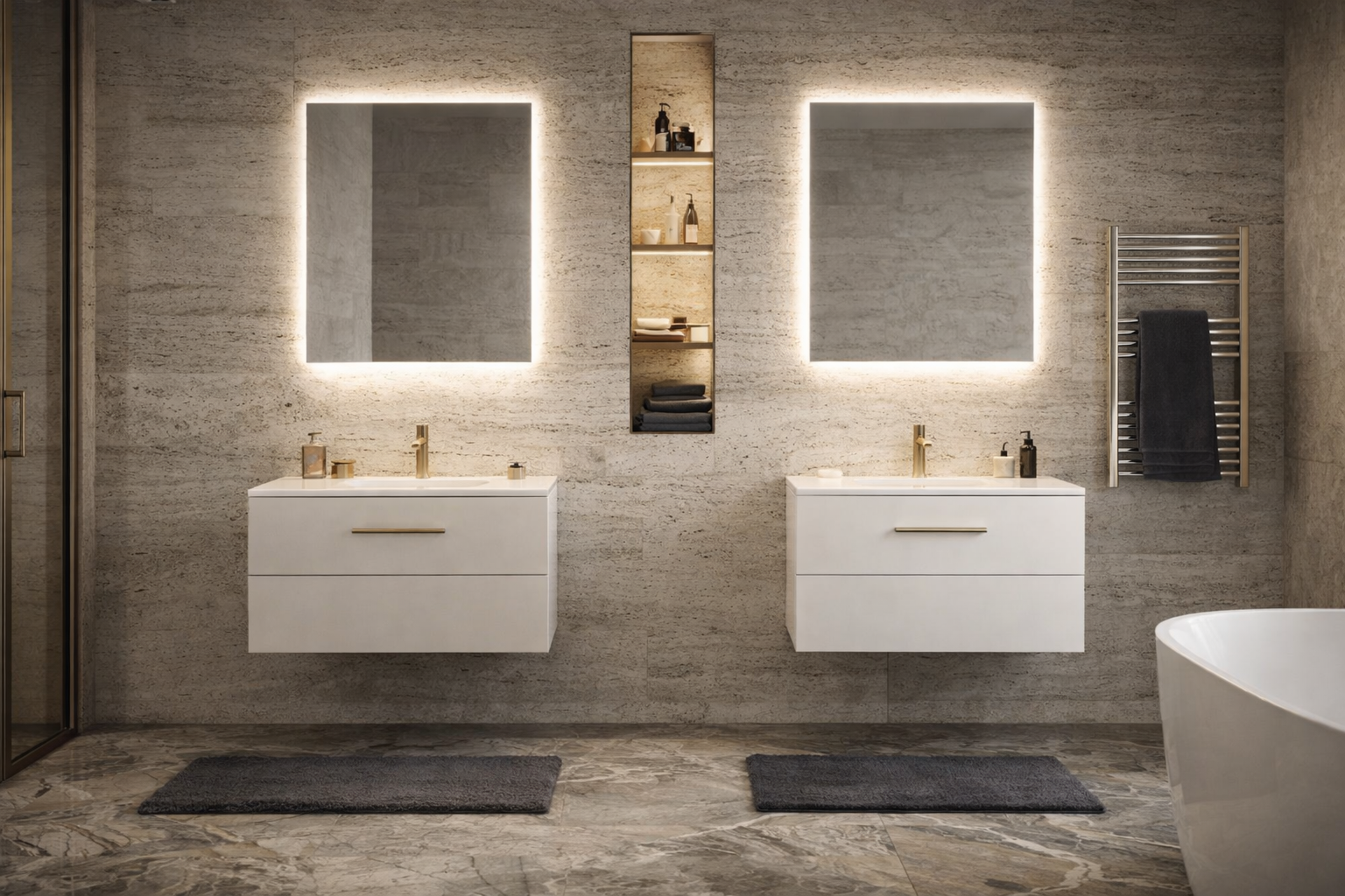 Kupaonica kao boutique spa: kamen, ogledala i toplo svjetlo