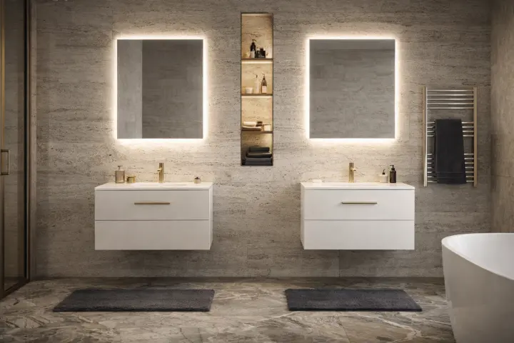 Kupaonica kao boutique spa: kamen, ogledala i toplo svjetlo