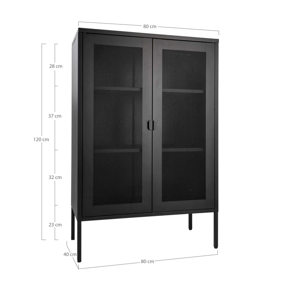 Melbourne Cabinet - Cabinet, 2 mesh doors, čelik, crna 80x40x120 cm