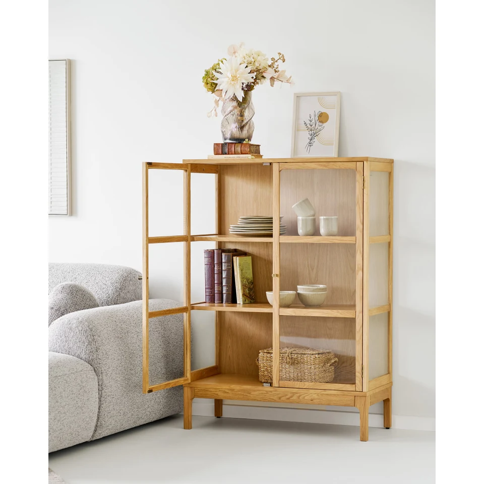 Zamora Cabinet - Cabinet, 2 staklo doors, 2 police, hrast/hrastov furnir/kaljeno staklo, prirodna 40x90x126 cm