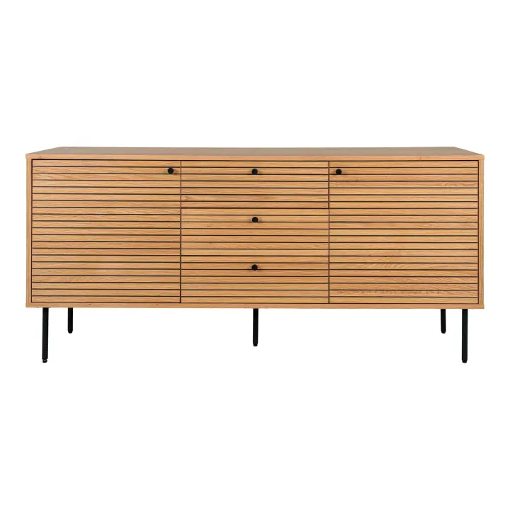 Kyoto Sideboard - Sideboard, 3 ladice, 2 vrata, hrastov furnir, prirodna, crna metal legs 150x40x74 cm