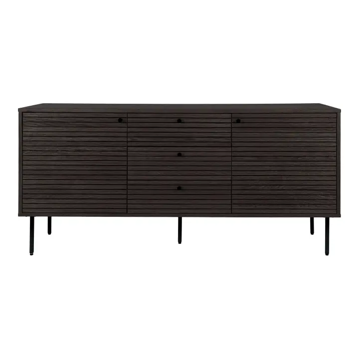 Kyoto Sideboard - Sideboard, 3 ladice, 2 vrata, hrastov furnir, dimljena, crna metal legs 150x40x74 cm