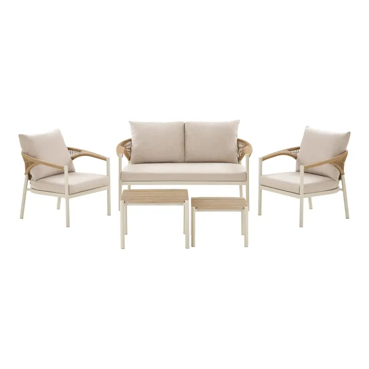 Abela Lounge set - Lounge set, aluminij/umjetno drvo/poliester/PE ratan, pješčana/prirodna, uklj. jastuke
