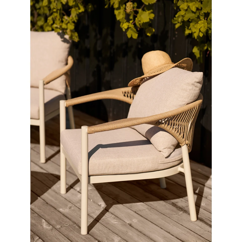 Abela Lounge set - Lounge set, aluminij/umjetno drvo/poliester/PE ratan, pješčana/prirodna, uklj. jastuke