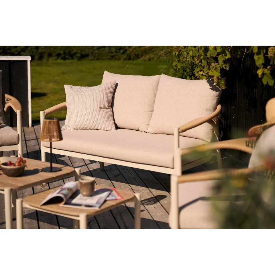 Abela Lounge set - Lounge set, aluminij/umjetno drvo/poliester/PE ratan, pješčana/prirodna, uklj. jastuke