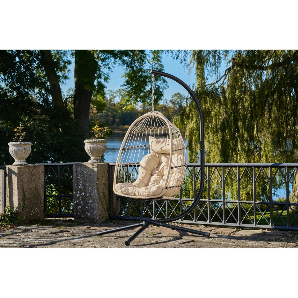 Patras Hanging Chair - Hanging chair, čelik stand, foldable seat, incl.jastuci, bež/siva/crna 195x117x107 cm