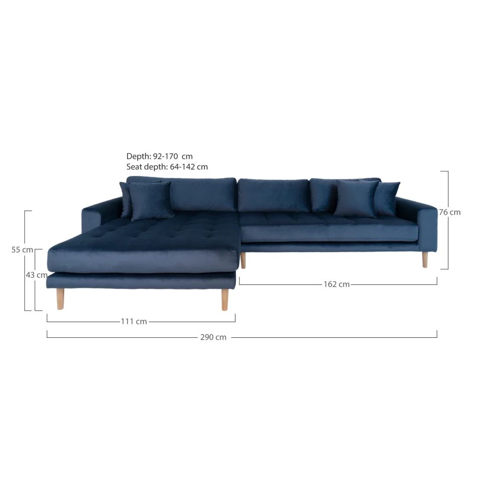 Lido Lounge sofa - Lounge sofa, lijevi kut in dark plava baršun s four jastuci i prirodna drvene noge HN1005