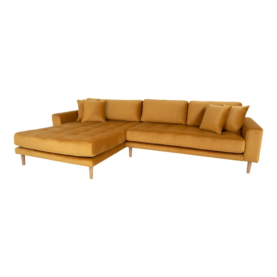 Lido Lounge sofa - Lounge sofa, lijevi kut in senf žuta baršun s four jastuci i prirodna drvene noge HN1004