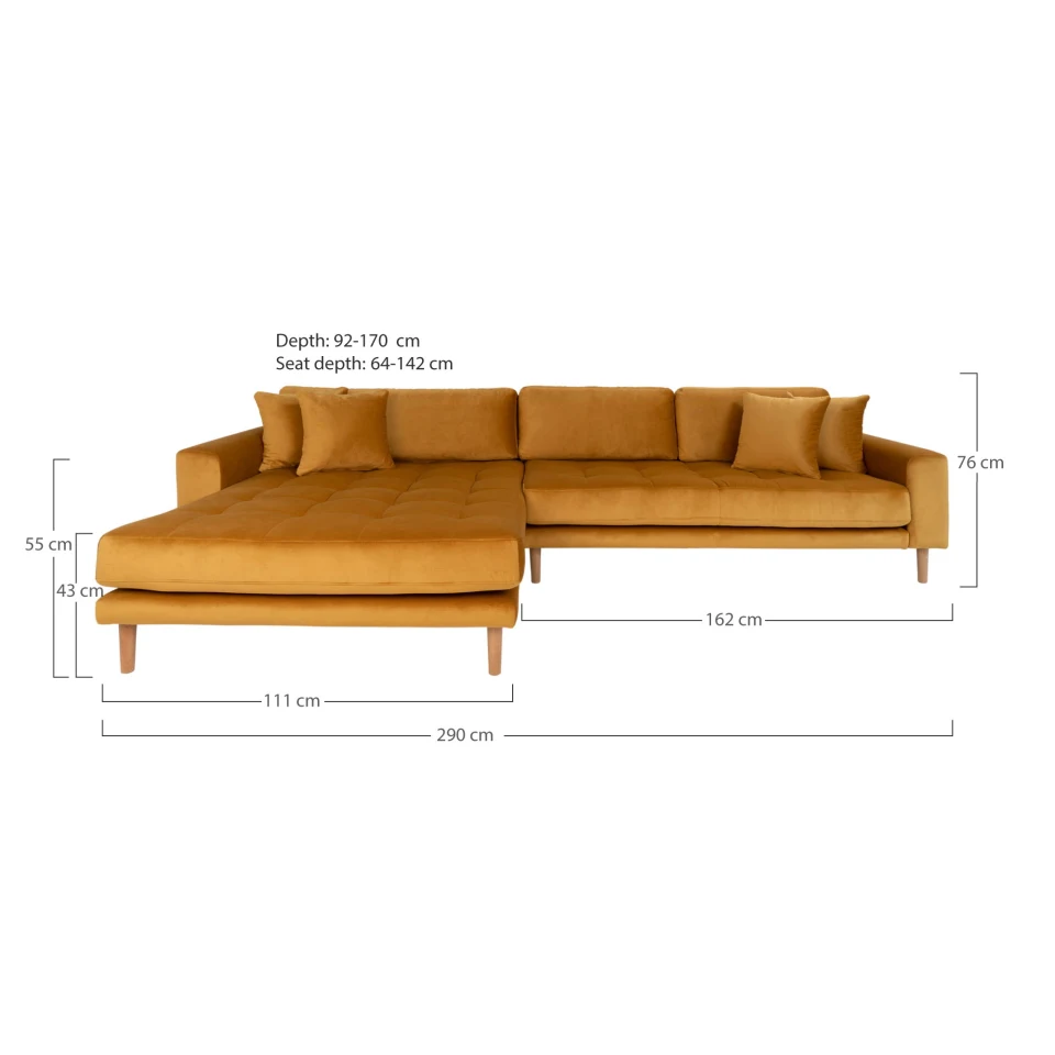Lido Lounge sofa - Lounge sofa, lijevi kut in senf žuta baršun s four jastuci i prirodna drvene noge HN1004