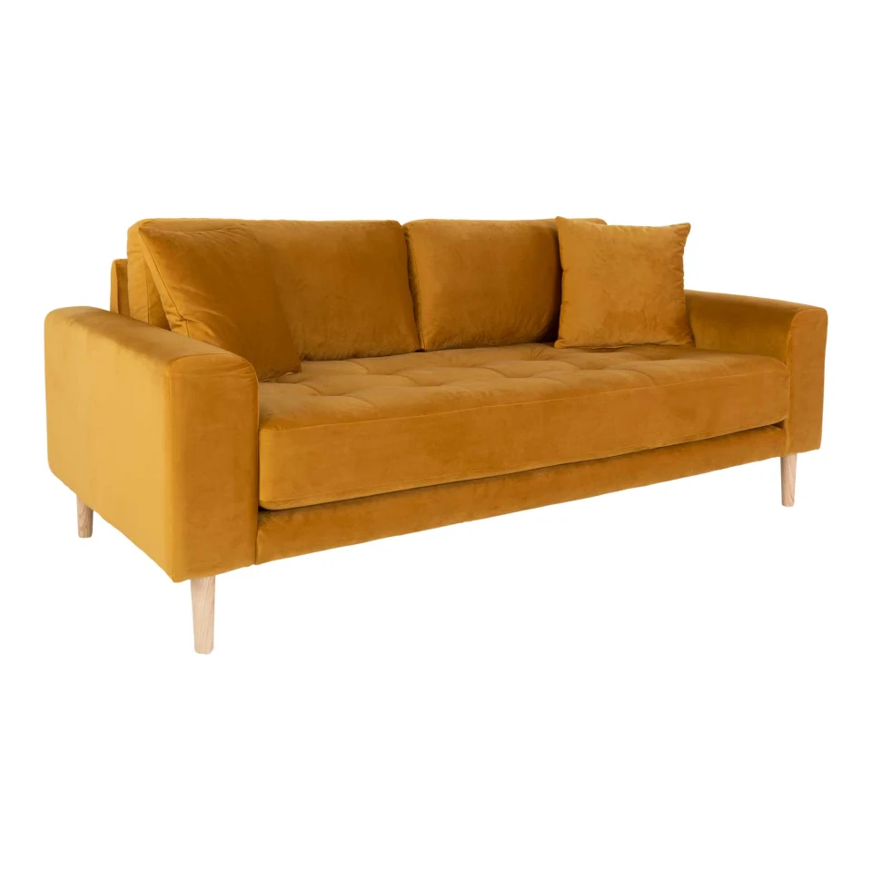 Lido Sofa 2,5 sjedala - Sofa 2,5 sjedala, senf žuta baršun s dva jastuka i prirodna drvene noge HN1004