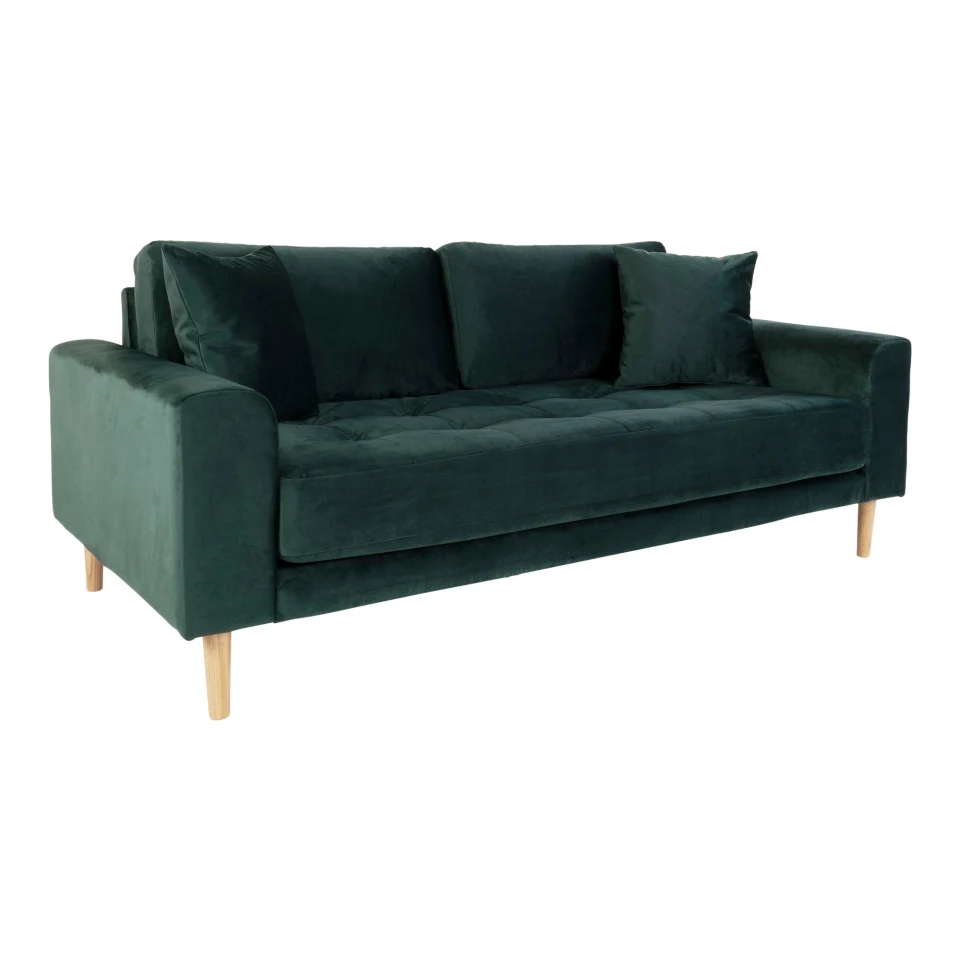 Lido Sofa 2,5 sjedala - Sofa 2,5 sjedala, tamnozelena baršun s dva jastuka i prirodna drvene noge HN1006